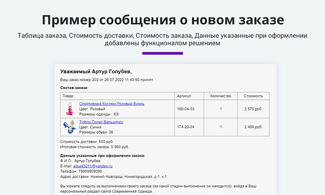 Расширенные письма заказов для Битрикс описание возможностей 2