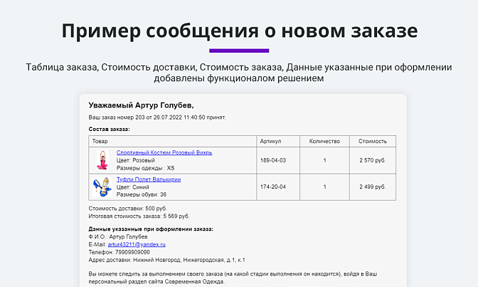 Расширенные письма заказов для Битрикс описание возможностей 2